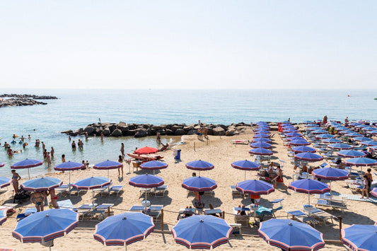 San Remo Beach, Blue Sun Umbrellas, Italy beach Print - Rue Paradis Art Prints