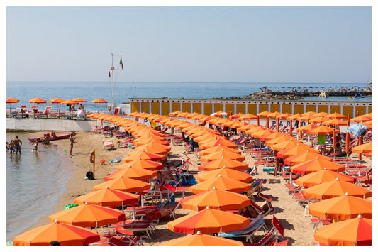 San Remo Beach Italy - Orange Umbrellas - Rue Paradis Art Prints